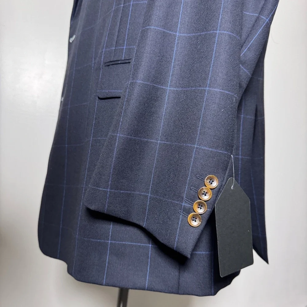 Custom Tailored 3-Piece Suit Mens 54L 50x34 Blue Windowpane Worsted Wool England